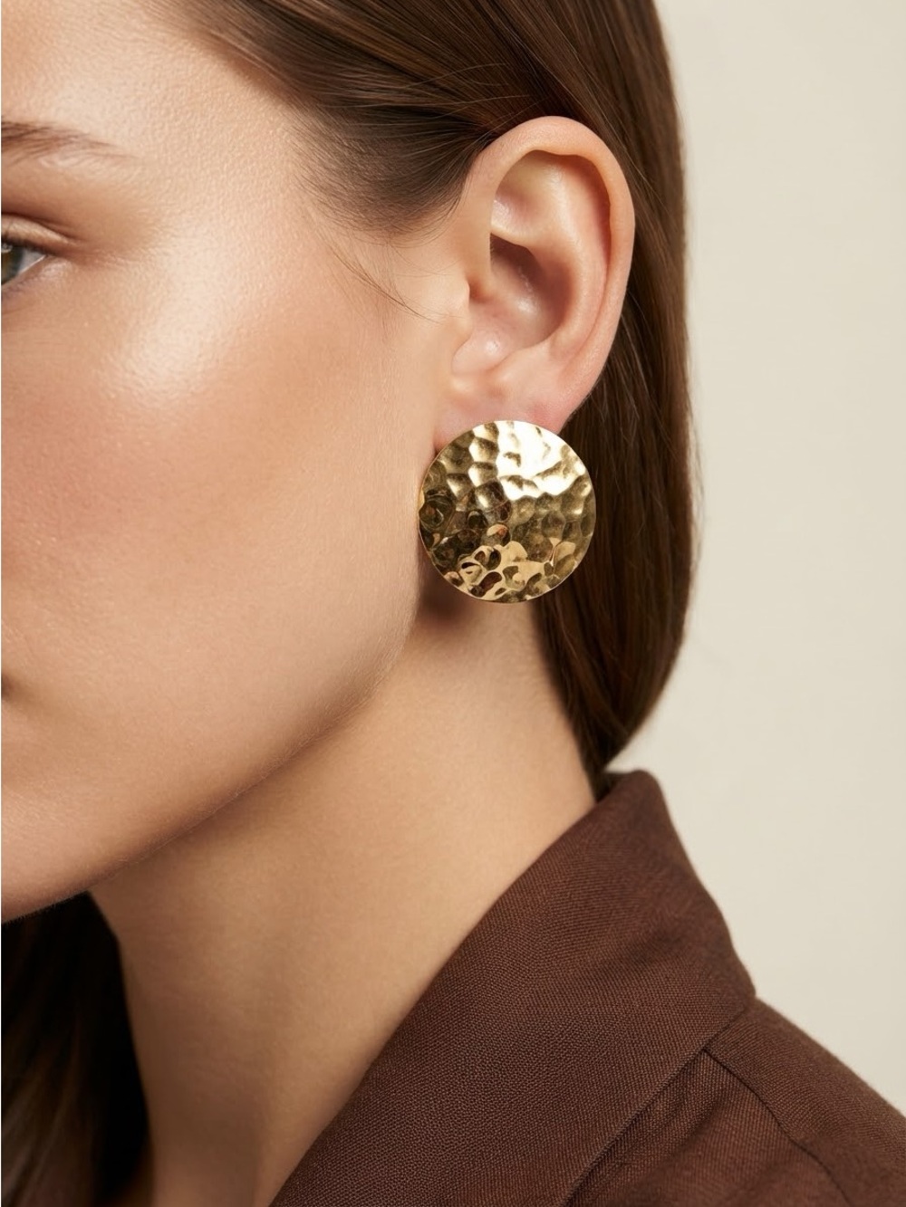 Vintage Gold Tone Hammered Button Earrings | 80s Domed Disc Statement Earrings